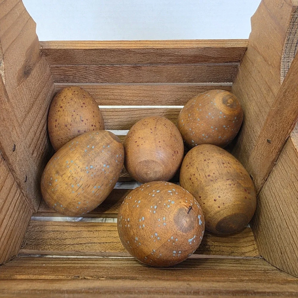 Vintage Cottagecore Wooden Eggs Basket Hearts Chickens Kitschy Country